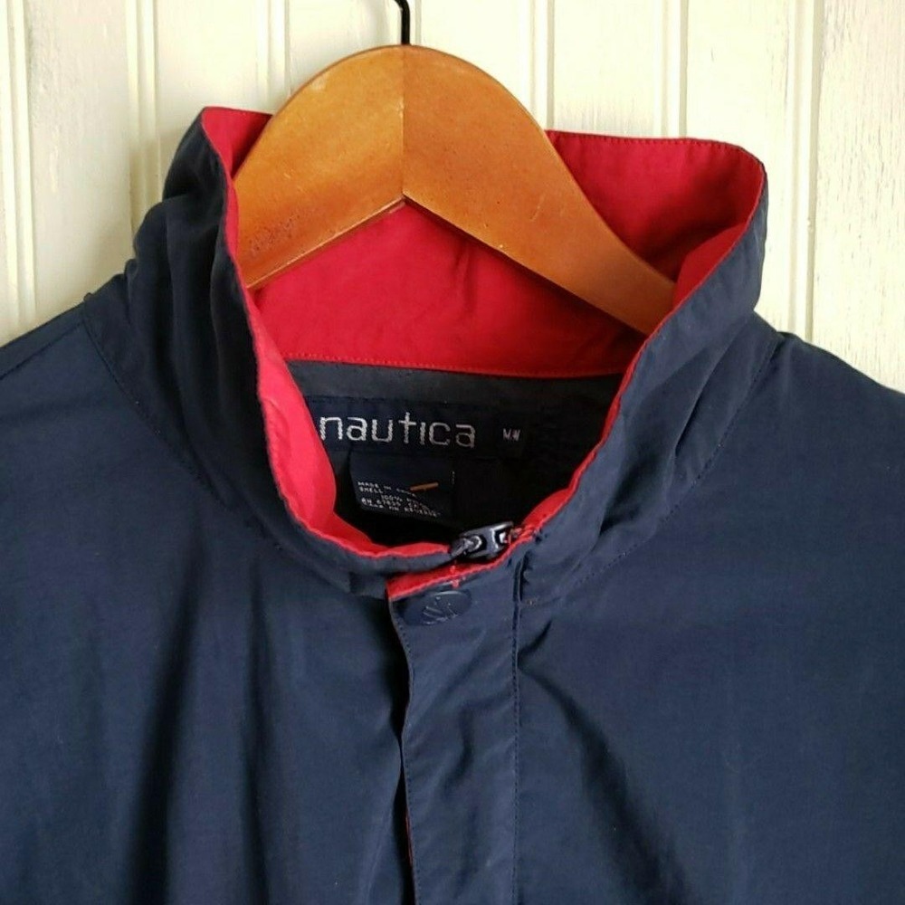Nautica Jacket Mens Medium Blue 1/4 Zip Windbreaker Red Lining Logo Pockets